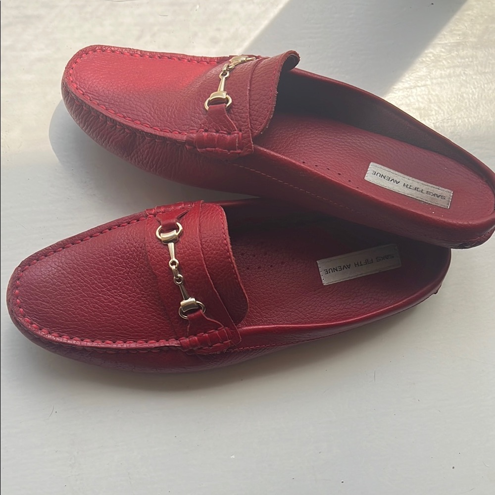 Red Leather Loafers with Gold Accents